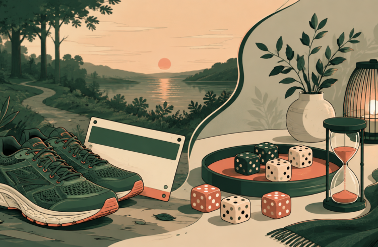 Chaussures de course, minuterie et objets de loisir numérique dans une scène calme.