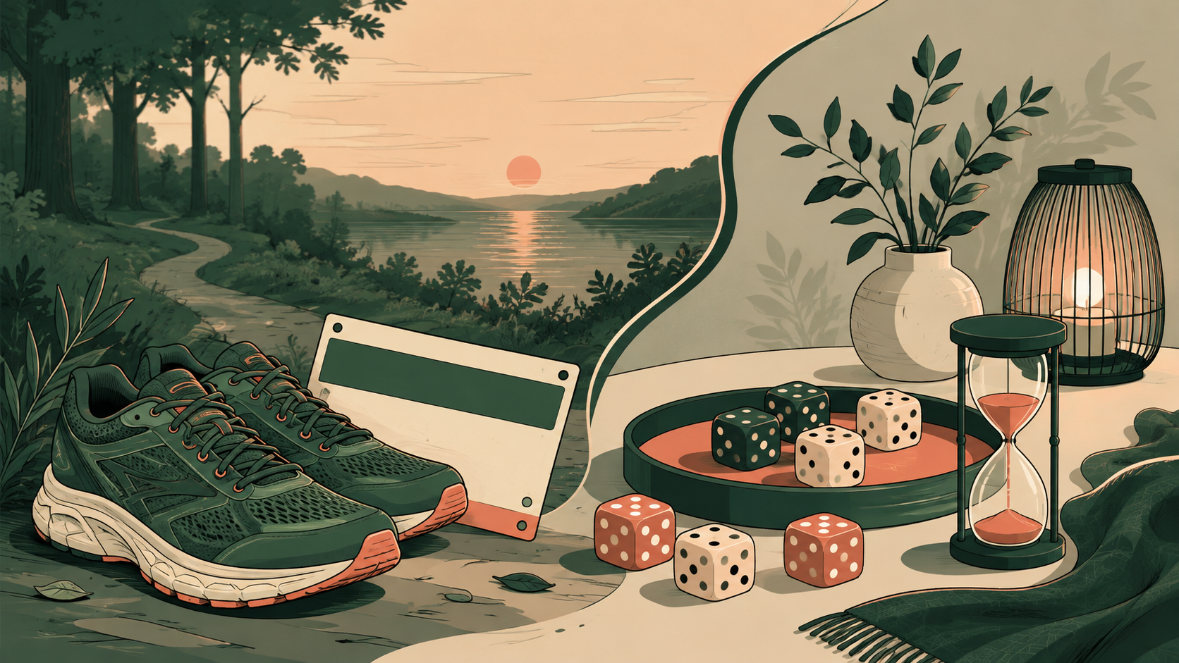 Chaussures de course, minuterie et objets de loisir numérique dans une scène calme.